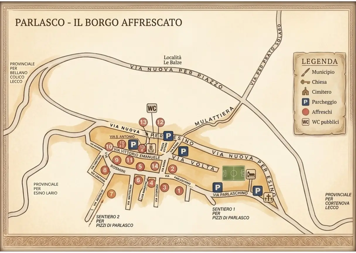 Cartina illustrata del Borgo Affrescato di Parlasco con le opere lungo il percorso